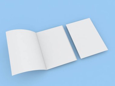 Tebrik kartı ve mavi arka planda A4 kağıdı. 3d resimleme.