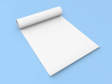 Mavi arka planda kıvrık kenarlı rulo kağıt. 3d resimleme.