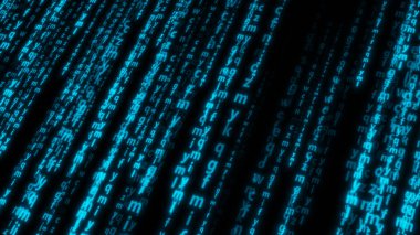 Siyah üzerine rastgele mavi harflerin arkaplanı. Ağ bilgi aktarımı kavramı. 3d resimleme.