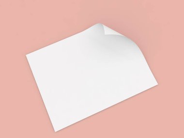 Boş bir kağıdın kıvrımlı köşesi, tasarım, sanat veya kırtasiye kullanımı için temiz ve minimalist bir estetik yaratarak yumuşak pembe bir zemine dayanır..