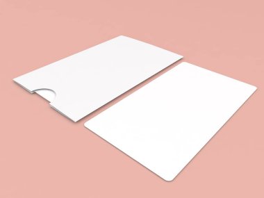Zarfın yanındaki boş beyaz kart yumuşak pastel arka planda yer almaktadır, davetiyeler, kişisel notlar veya yaratıcı sanatsal faaliyetler için idealdir.