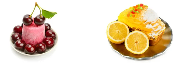 白を基調としたレモンカップケーキとチェリーアイス コラージュ 広い写真だ テキストのためのフリースペース — ストック写真
