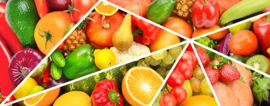 Çeşitli sebze ve meyvelerin güzel parlak arka planı. Kolaj. Geniş resim.