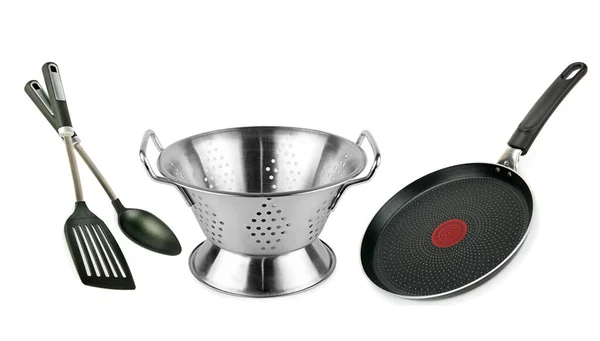 Colander Frying Pan Kitchen Spatula Spoon Isolated White Background Collage — Stock Photo, Image
