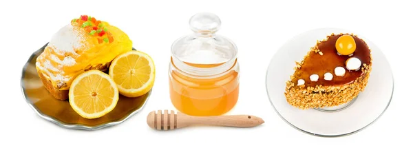 Lemon Cupcake Honey Honey Cake Isolated White Background Collage Wide — Stock Photo, Image