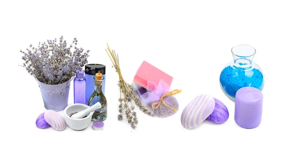 Set Van Cosmetische Producten Alternatieve Geneesmiddelen Uit Lavendel Geïsoleerd Witte — Stockfoto