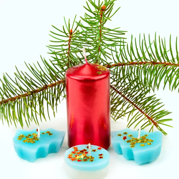 Christmas Decoration Red Candle Spruce Branches Isolatedon White Background — Stock Photo, Image