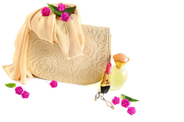 Elegant Handbag Lipstick Perfume Isolated White Background Free Space Text — Stock Photo, Image