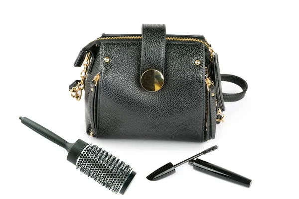 Leather Handbag Hairbrush Mascara White Background Isolated — Stock Photo, Image