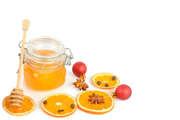 Honingpot Sinaasappel Specerijen Kerstversieringen Geïsoleerd Witte Achtergrond Vrije Ruimte Voor — Stockfoto