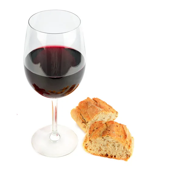 Bicchiere Vino Rosso Baguette Isolate Fondo Bianco Spazio Libero Testo — Foto Stock