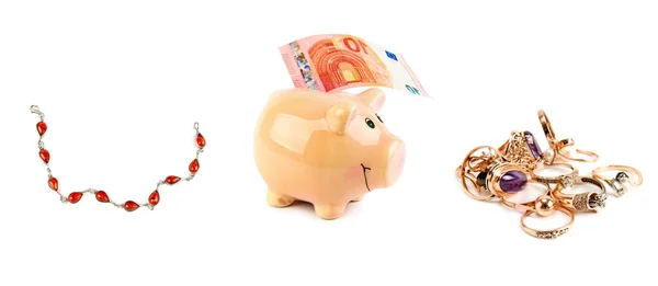 Euro Banknote Piggy Bank Set Precious Jewelry Isolated White Background — Stock Photo, Image