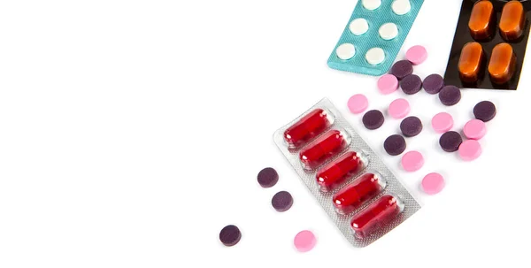 Léky Pilulky Tobolky Izolované Bílém Pozadí Volné Místo Pro Text — Stock fotografie