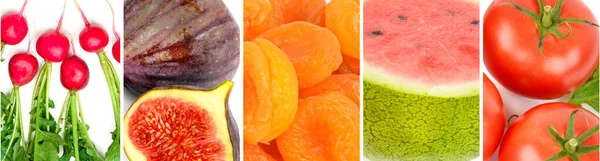 Zestaw Warzyw Owoców Izolowanych Białym Tle Kolaż Szerokie Zdjęcie — Zdjęcie stockowe