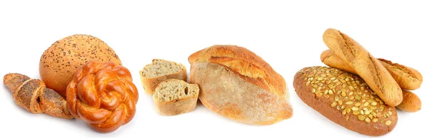 Zestaw Chleba Wyrobów Piekarniczych Izolowanych Białym Tle Kolaż Szerokie Zdjęcie — Zdjęcie stockowe