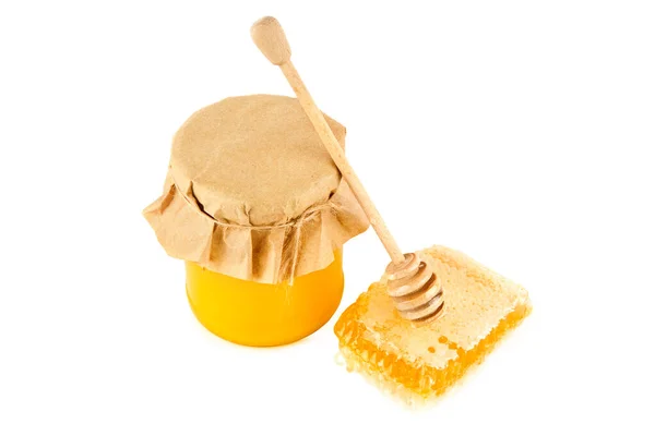 Sweet Honeycomb Honey Pot Wooden Drizzler Isolated White Background — Stock Photo, Image