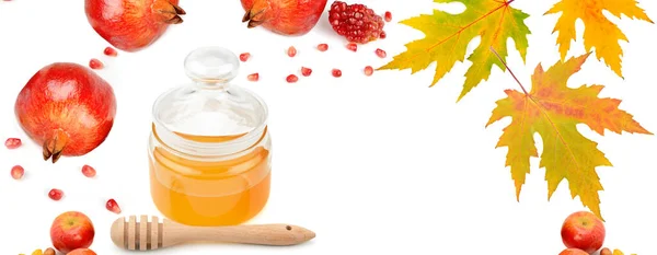 Ripe Pomegranate Honey Isolated White Background Wide Photo Free Space — Stock Photo, Image