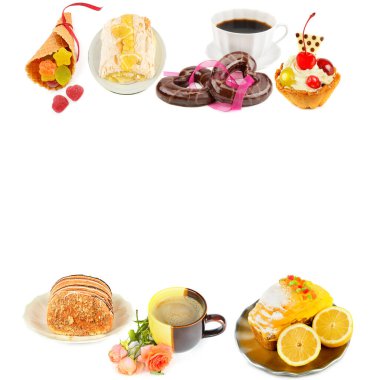 Tatlı hamur işleri ve beyaz arka planda izole edilmiş diğer tatlılar. Kolaj. Metin için boş alan.