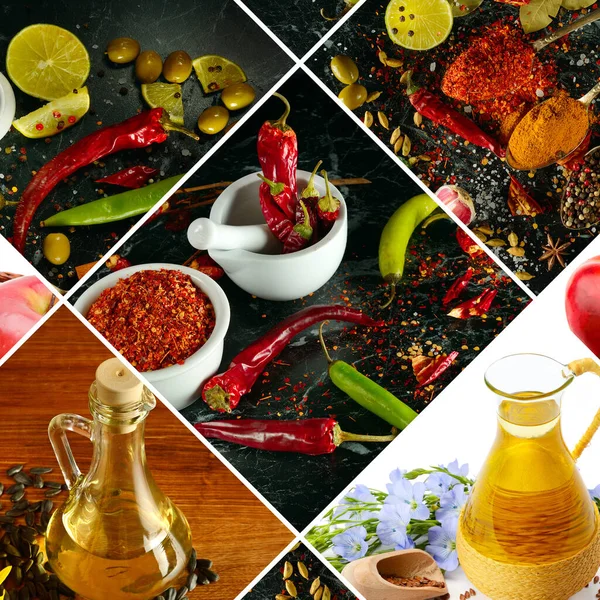 A set of spices and vegetable oils in a beautiful collage.