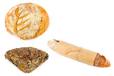 Bir somun ekmek, fındıklı ekmek ve beyaz arka planda izole edilmiş baget. Kolaj. Metin için boş alan.