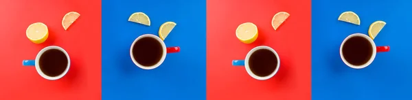 Tea cups in red and blue on a red and blue background. Valentines day concept. Wide photo. Collage.