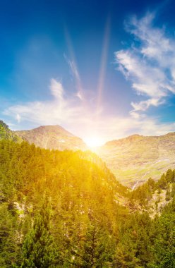 Picturesque Pyrenees mountains in summer and sunrise. Vertical photo.