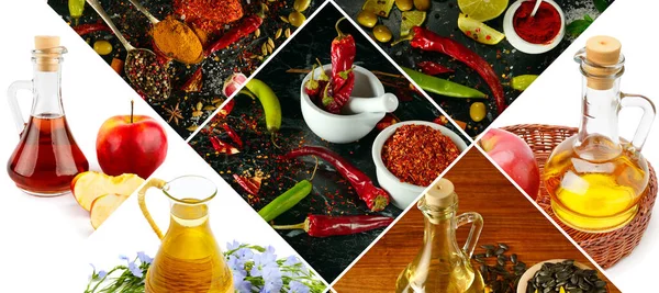 A set of spices and vegetable oils in a beautiful collage. Wide photo.