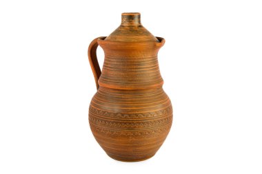 Clay jug with lid isolated on white background.