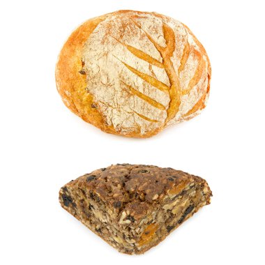 Loaf of bread and Bread with nuts isolated on white background. Collage.