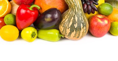 Vegetables and fruits isolated on white background. Wide photo. Free space for text.