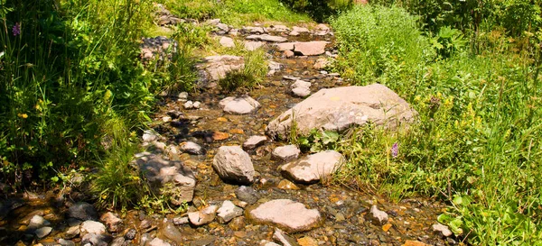 Mountain stream with clear clear water. Pyrenees Andorra. Wide photo.
