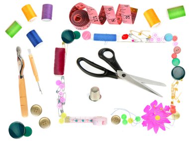 Set of sewing accessories isolated on white background. Collage.