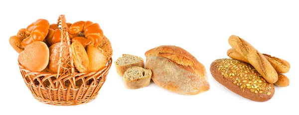 Σύνολο Ψωμιού Και Προϊόντων Αρτοποιίας Που Απομονώνονται Λευκό Φόντο Κολάζ — Φωτογραφία Αρχείου