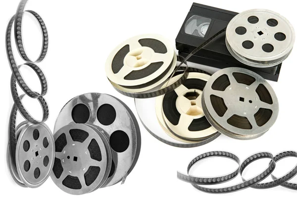 Filmspule Und Videokassette Isoliert Auf Weißem Hintergrund Collage — Stockfoto