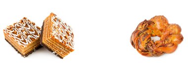 Beyaz arka planda izole edilmiş pastalar ve tatlı çörekler. Metin için boş alan. Kolaj. Geniş resim.