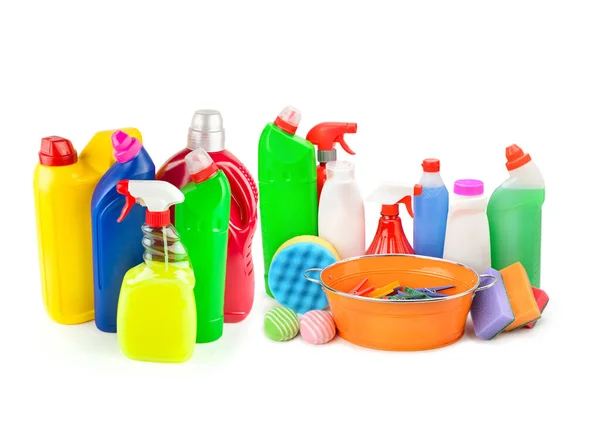 Set Household Chemicals Sponges Trough Isolated White Background Collage — Stock Photo, Image