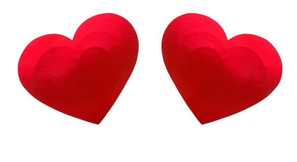 Два Красных Сердца Блестящей Цветной Бумаги Белом Фоне — стоковое фото
