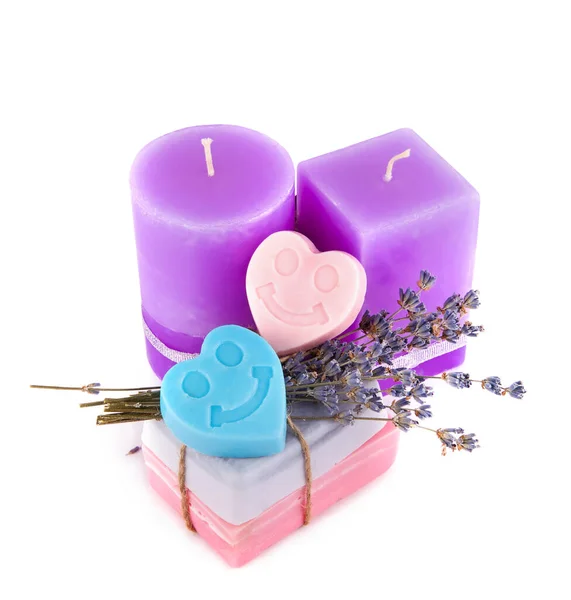 Lavender Flowers Lavender Soap Scented Candles Isolated White Background —  Fotos de Stock