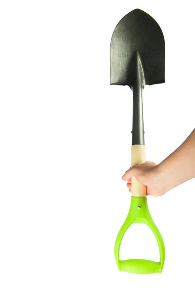 Garden Shovel Male Hand Isolated White Background Free Space Text — Stock Photo, Image