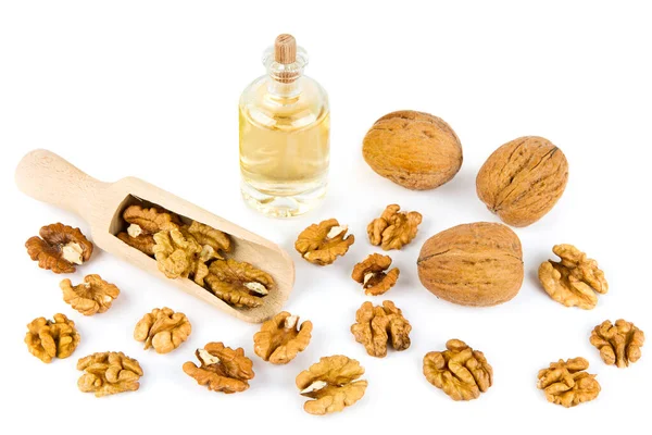Ořechový Olej Láhvi Ořechové Ovoce Izolované Bílém Pozadí — Stock fotografie