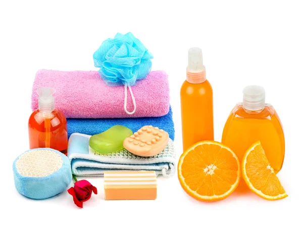 Shampoos Soap Towels Other Bath Accessories Isolated White Background Collage — Stock Photo, Image