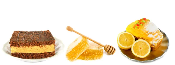 Honeycomb Lemon Cake Isolated White Background Collage Free Space Text — Stock fotografie