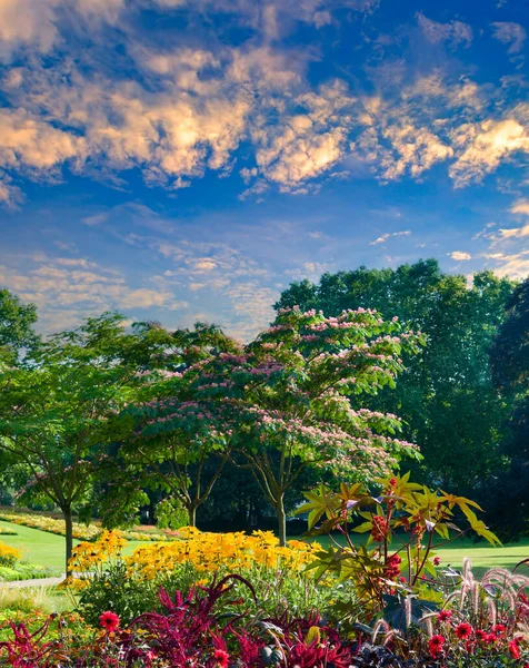Herrlicher Garten Mit Blumenbeeten Und Rasen Vertikales Foto — Stockfoto