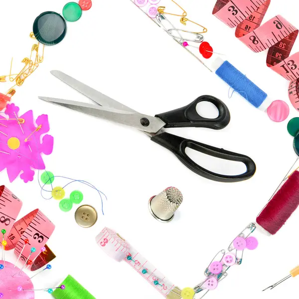 Set Sewing Accessories Isolated White Background Collage — 스톡 사진