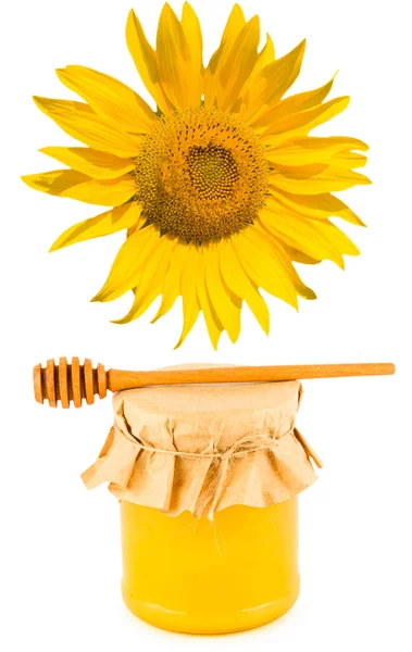 Натуральний Бджолиний Мед Банці Квітка Соняшнику Ізольовані Білому Тлі Вільний — стокове фото