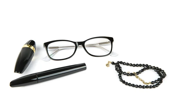 Lipstick Mascara Glasses Black Beads Isolated White Background — Stock Photo, Image