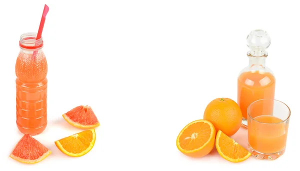 柑橘類のジュース オレンジとグレープフルーツのスライスは 白い背景に隔離された コラージュ テキストのスペースがあります — ストック写真