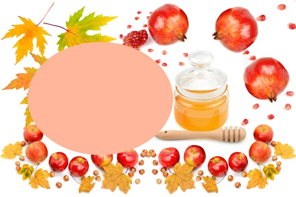 Honey Apple Juice Pomegranate Fruit Isolated White Background Collage Space — Stock Photo, Image