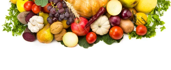 Groenten Fruit Geïsoleerd Witte Achtergrond Vrije Ruimte Voor Tekst Brede — Stockfoto