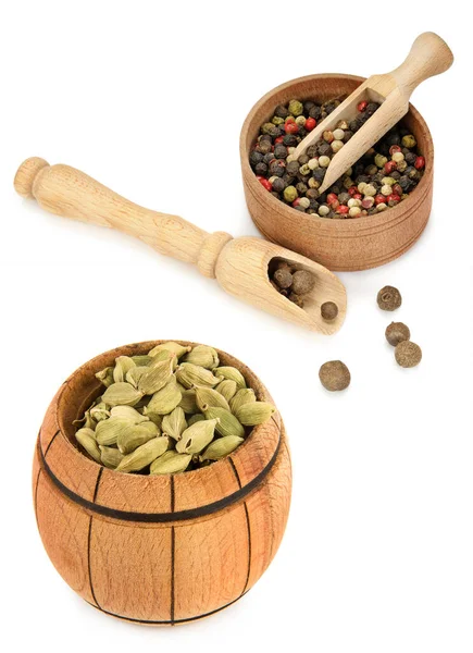Cardamom Peppercorn Wooden Bowl Isolated White Background Vertical Photo Collage — Stock Photo, Image